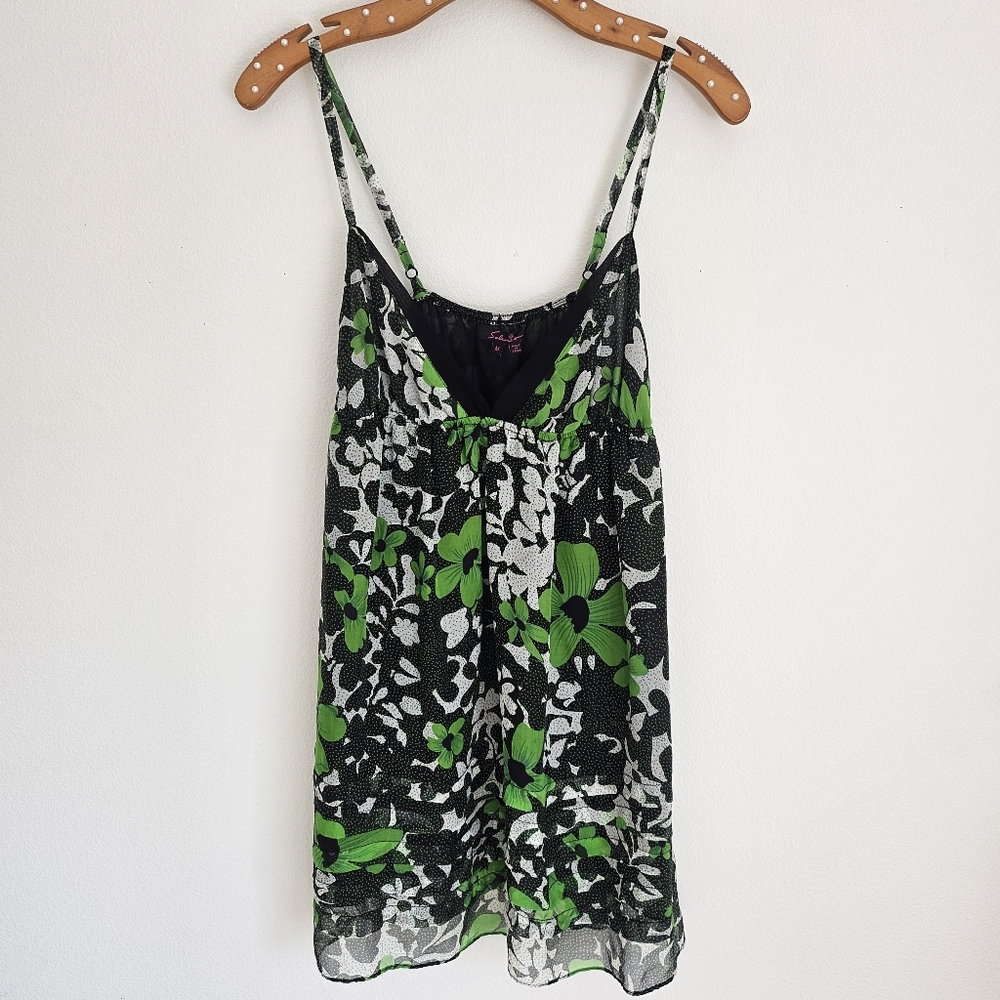 Solemio Green Floral Polka Dot Tiered Ruffle Cami Top Dress M - Picture 2 of 6